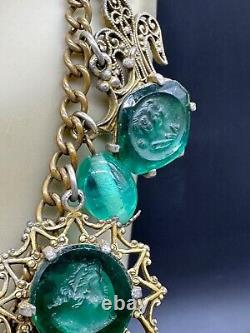 Antique Victorian Green Art Glass Intaglio Cameo Fleur De Lis Charm Necklace 30