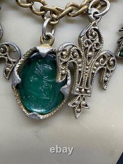 Antique Victorian Green Art Glass Intaglio Cameo Fleur De Lis Charm Necklace 30