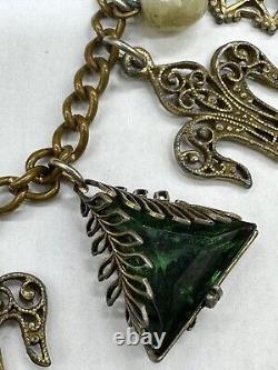 Antique Victorian Green Art Glass Intaglio Cameo Fleur De Lis Charm Necklace 30