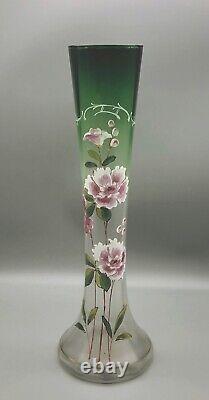 Antique Victorian Green Optic Tall Glass Vase Hand Painted Enamel Flowers