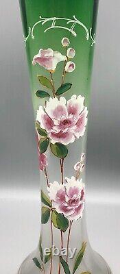Antique Victorian Green Optic Tall Glass Vase Hand Painted Enamel Flowers