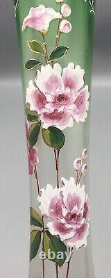 Antique Victorian Green Optic Tall Glass Vase Hand Painted Enamel Flowers