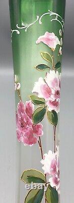 Antique Victorian Green Optic Tall Glass Vase Hand Painted Enamel Flowers