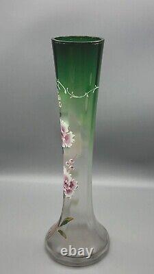 Antique Victorian Green Optic Tall Glass Vase Hand Painted Enamel Flowers