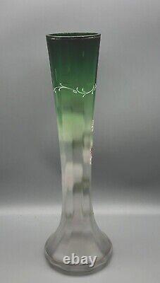 Antique Victorian Green Optic Tall Glass Vase Hand Painted Enamel Flowers