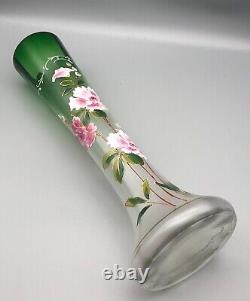 Antique Victorian Green Optic Tall Glass Vase Hand Painted Enamel Flowers