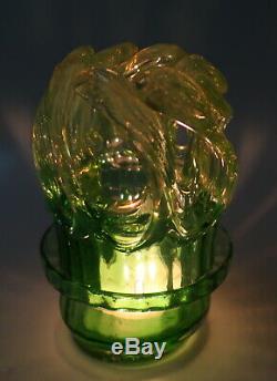 Antique Victorian Green Vaseline Opalescent Glass FAIRY LAMP Night Light Candle