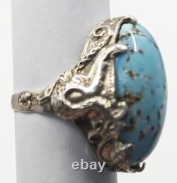 Antique Victorian Griffin Gryphon Sterling Silver Dragons Egg Art Glass Ring