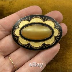 Antique Victorian Guilloche Enamel And Art Glass Brooch Mourning Swag Wreath