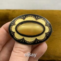 Antique Victorian Guilloche Enamel And Art Glass Brooch Mourning Swag Wreath
