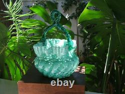 Antique Victorian HAND BLOWN Swirled, Ruffled ART GLASS BASKET Thorn Handle MINT