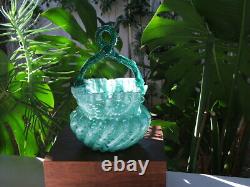 Antique Victorian HAND BLOWN Swirled, Ruffled ART GLASS BASKET Thorn Handle MINT