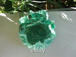 Antique Victorian HAND BLOWN Swirled, Ruffled ART GLASS BASKET Thorn Handle MINT