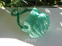 Antique Victorian HAND BLOWN Swirled, Ruffled ART GLASS BASKET Thorn Handle MINT