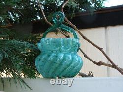 Antique Victorian HAND BLOWN Swirled, Ruffled ART GLASS BASKET Thorn Handle MINT