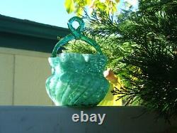 Antique Victorian HAND BLOWN Swirled, Ruffled ART GLASS BASKET Thorn Handle MINT