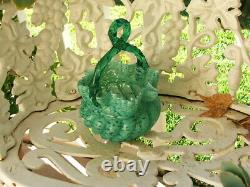 Antique Victorian HAND BLOWN Swirled, Ruffled ART GLASS BASKET Thorn Handle MINT