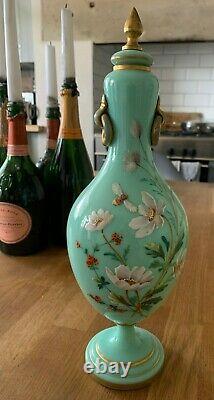 Antique Victorian HARRACH BOHEMIAN Enamelled Bee Flowers Green Glass Vase Urn