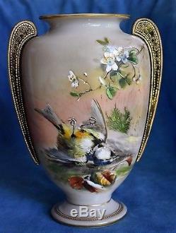 Antique Victorian HARRACH Bohemian Moser Bird Enamel Dogwood Art Glass Vase Pair