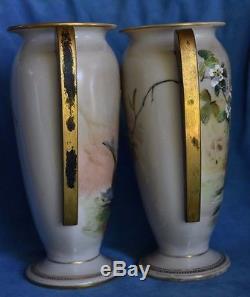 Antique Victorian HARRACH Bohemian Moser Bird Enamel Dogwood Art Glass Vase Pair