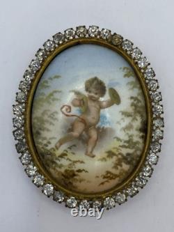 Antique Victorian HP Signed 24kt Gold Plate Mini Porcelain Portrait WithStand