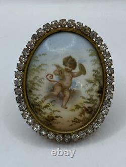 Antique Victorian HP Signed 24kt Gold Plate Mini Porcelain Portrait WithStand