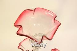 Antique Victorian Hand Blown Art Glass Cranberry Epergne with Rare Squared Florets