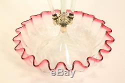 Antique Victorian Hand Blown Art Glass Cranberry Epergne with Rare Squared Florets