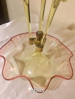 Antique Victorian Hand Blown Art Glass Cranberry Trimmed Green Vaseline Epergne