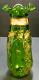 Antique Victorian Hand Blown / Enameled Green Art Glass Dimple Vase 9.25 V Good