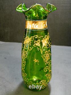 Antique Victorian Hand Blown / Enameled Green Art Glass Dimple Vase 9.25 V Good