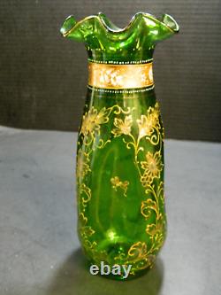 Antique Victorian Hand Blown / Enameled Green Art Glass Dimple Vase 9.25 V Good