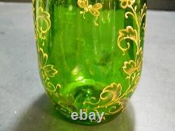 Antique Victorian Hand Blown / Enameled Green Art Glass Dimple Vase 9.25 V Good