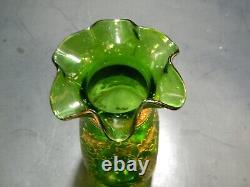 Antique Victorian Hand Blown / Enameled Green Art Glass Dimple Vase 9.25 V Good