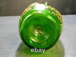 Antique Victorian Hand Blown / Enameled Green Art Glass Dimple Vase 9.25 V Good