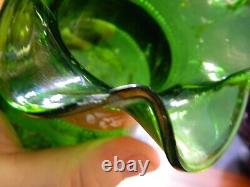 Antique Victorian Hand Blown / Enameled Green Art Glass Dimple Vase 9.25 V Good