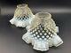 Antique Victorian Hand Blown White Opalescent Hobnail Art Glass Lamp Shades Pair