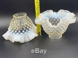 Antique Victorian Hand Blown White Opalescent Hobnail Art Glass Lamp Shades Pair
