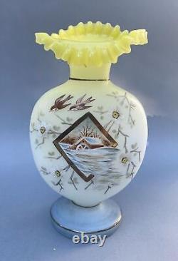 Antique Victorian Hand Painted Scenic Decorated Art Glass Ruffle Rimmed 10 Vase