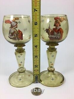 Antique Victorian Hand painted Art Wine Glasses Moser Type ca 1860