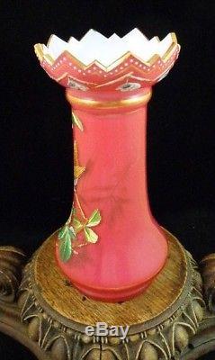 Antique Victorian Harrach Bohemian Cranberry Painted Enamel Bird Art Glass Vase