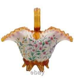 Antique Victorian Harrach Hand Painted Enamel Floral Embossed Glass Basket Vase Antique Victorian Harrach Hand Painted Enamel Floral Embossed Glass Basket Vase