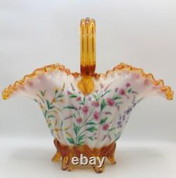 Antique Victorian Harrach Hand Painted Enamel Floral Embossed Glass Basket Vase Antique Victorian Harrach Hand Painted Enamel Floral Embossed Glass Basket Vase