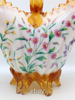 Antique Victorian Harrach Hand Painted Enamel Floral Embossed Glass Basket Vase Antique Victorian Harrach Hand Painted Enamel Floral Embossed Glass Basket Vase
