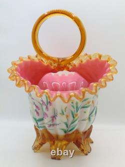 Antique Victorian Harrach Hand Painted Enamel Floral Embossed Glass Basket Vase Antique Victorian Harrach Hand Painted Enamel Floral Embossed Glass Basket Vase
