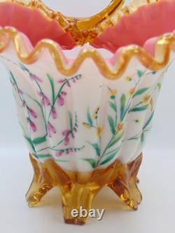 Antique Victorian Harrach Hand Painted Enamel Floral Embossed Glass Basket Vase Antique Victorian Harrach Hand Painted Enamel Floral Embossed Glass Basket Vase