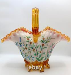 Antique Victorian Harrach Hand Painted Enamel Floral Embossed Glass Basket Vase Antique Victorian Harrach Hand Painted Enamel Floral Embossed Glass Basket Vase