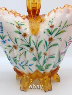 Antique Victorian Harrach Hand Painted Enamel Floral Embossed Glass Basket Vase Antique Victorian Harrach Hand Painted Enamel Floral Embossed Glass Basket Vase