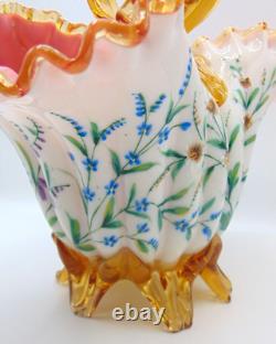Antique Victorian Harrach Hand Painted Enamel Floral Embossed Glass Basket Vase Antique Victorian Harrach Hand Painted Enamel Floral Embossed Glass Basket Vase