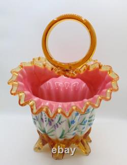 Antique Victorian Harrach Hand Painted Enamel Floral Embossed Glass Basket Vase Antique Victorian Harrach Hand Painted Enamel Floral Embossed Glass Basket Vase